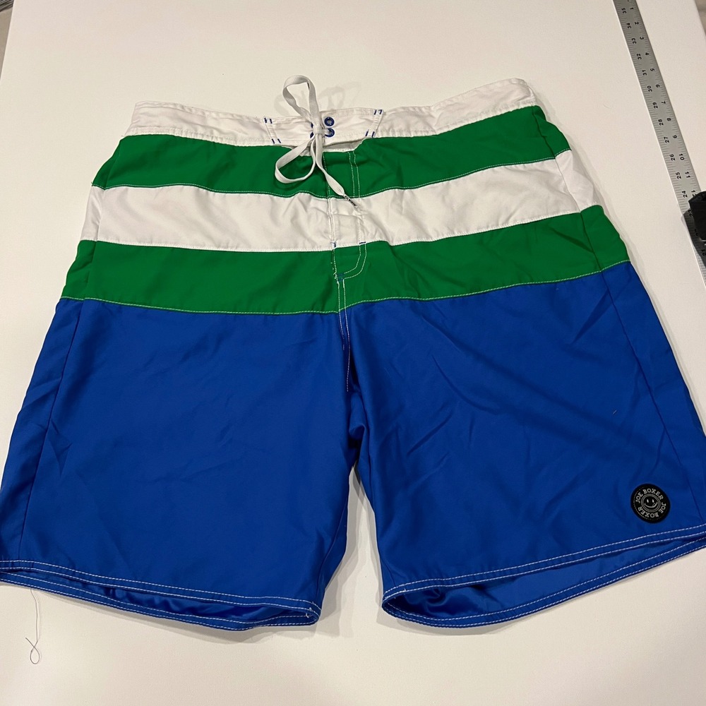 Joe Boxer Mens Blue Green White Striped Swim Trunks XL Board Shorts Colorblock